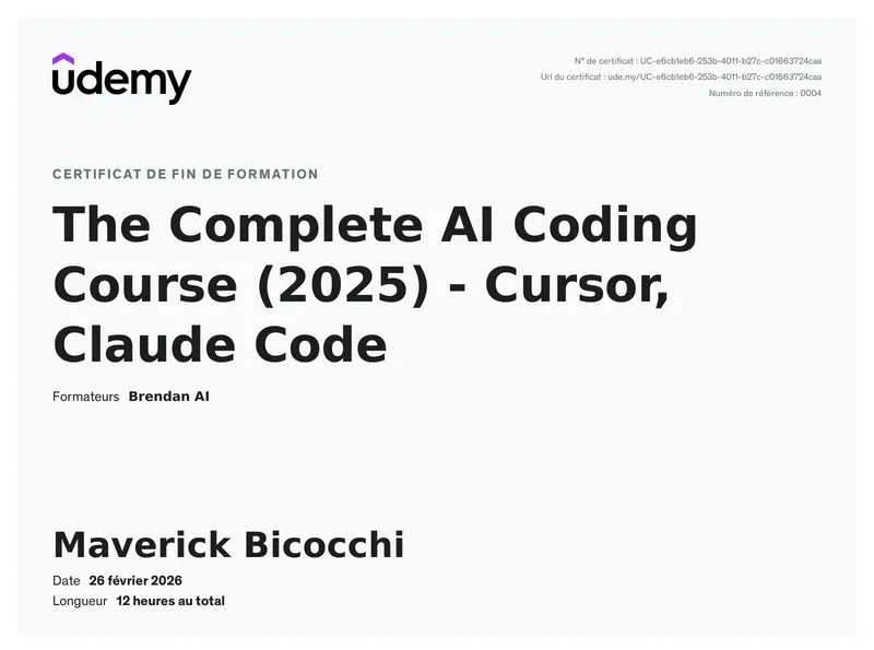 Certificat The Complete AI Coding Course